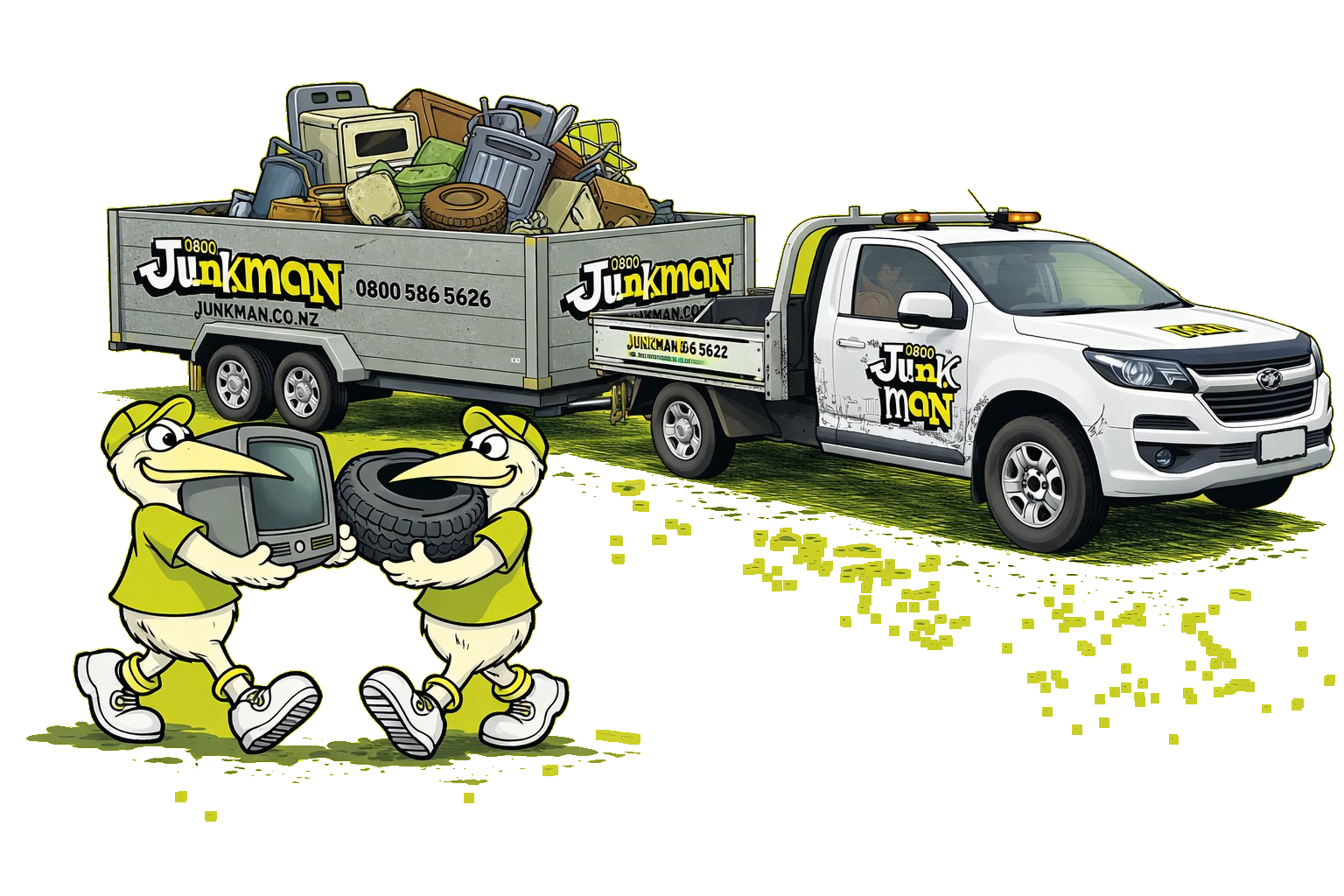 Junkman kiwi mascots loading junk